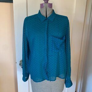 Button Up Sheer Swiss Dot Pocket Blouse Shirt Teal Green Polka Dot Moody Office